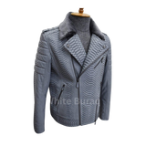 Gray leather jacket with a gold zipper on a mannequin