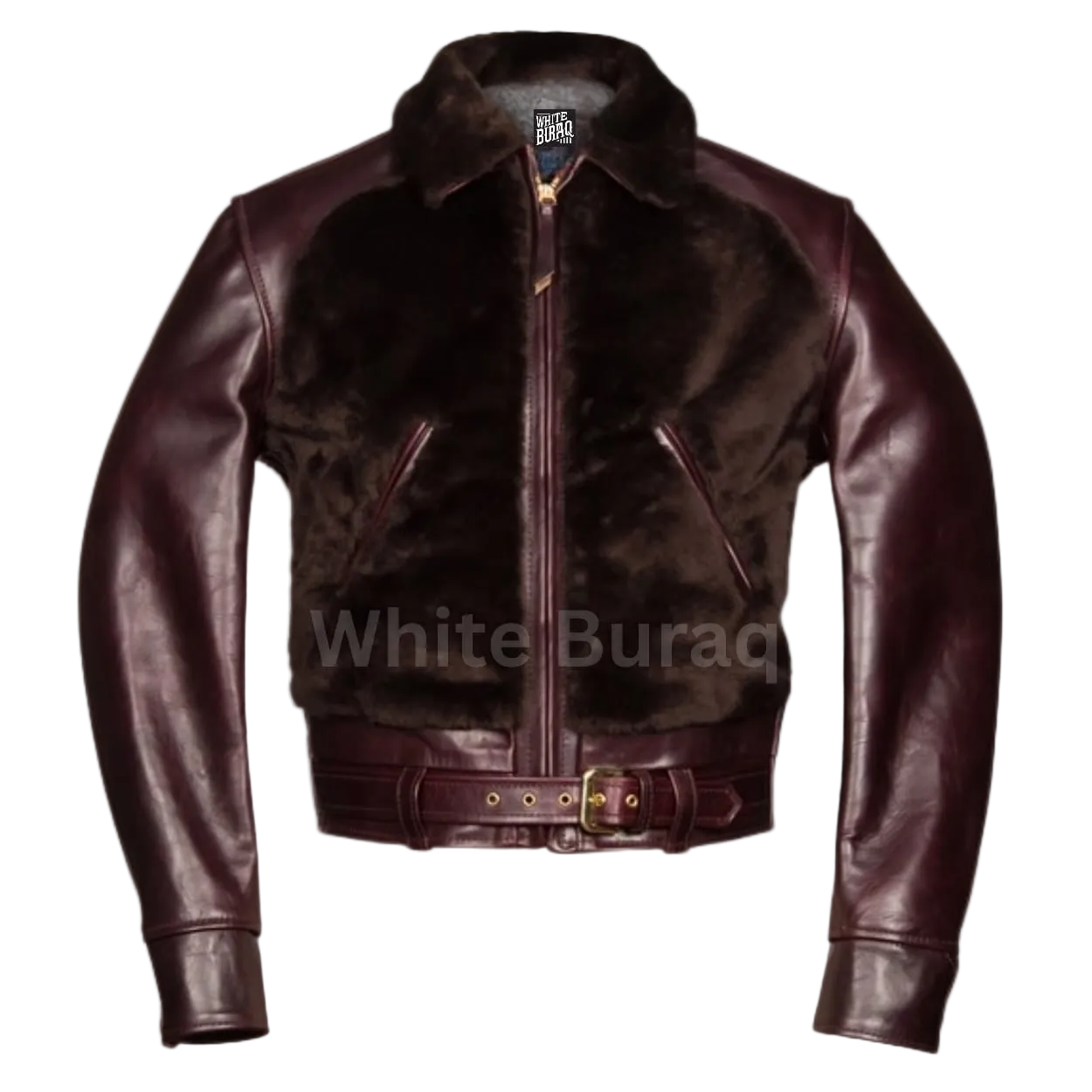 Brown leather jacket with visible branding 