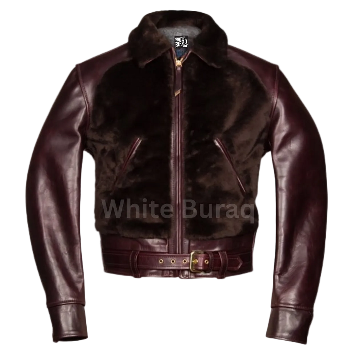 Brown leather jacket with visible branding 
