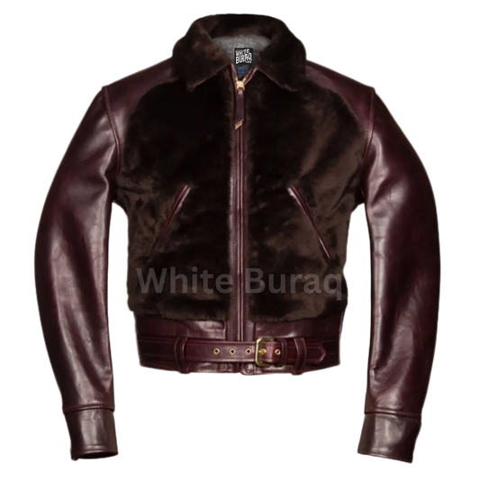 Brown leather jacket with visible branding 