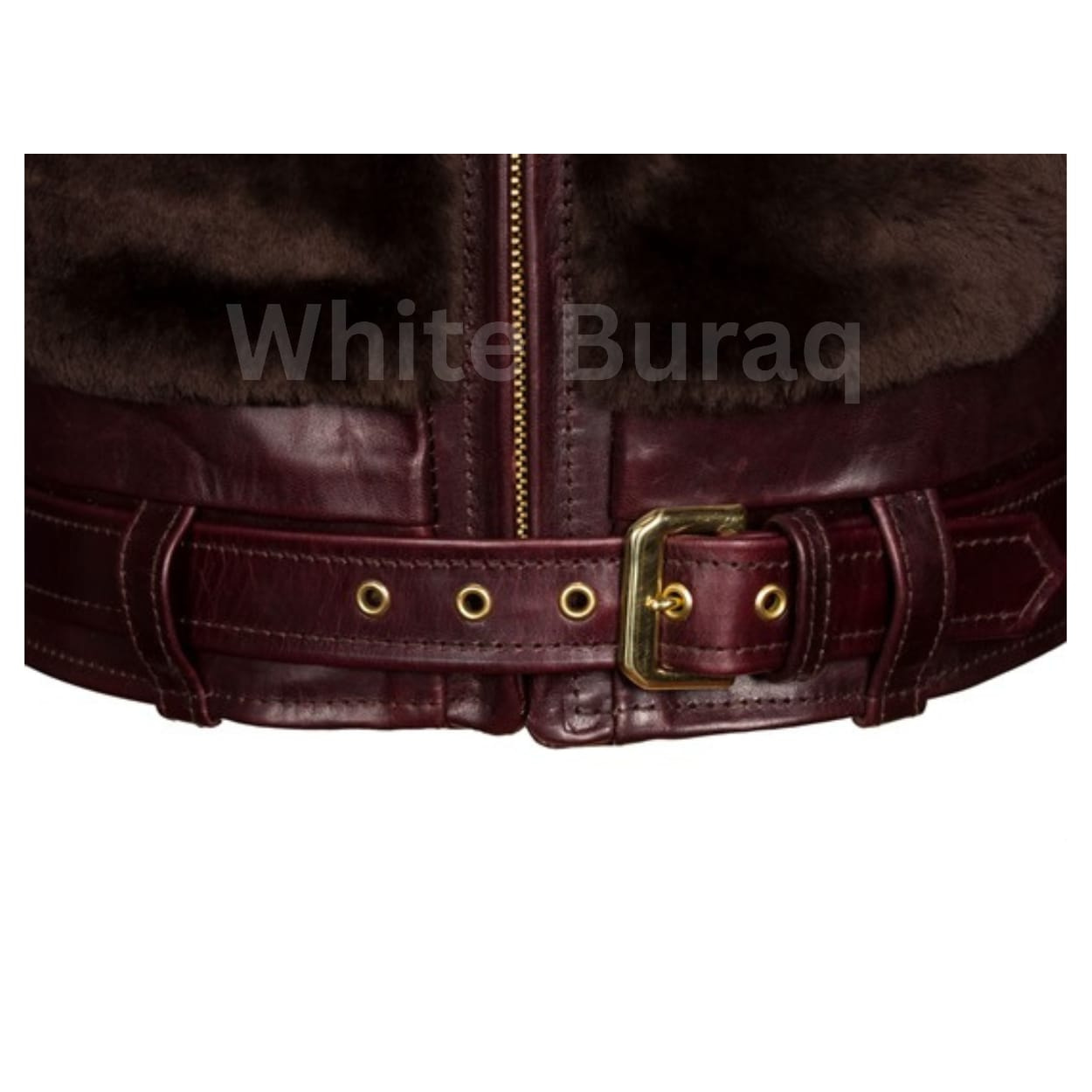 Close-up of a brown leather belt with gold buckle 