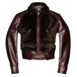 Brown leather jacket with visible branding 