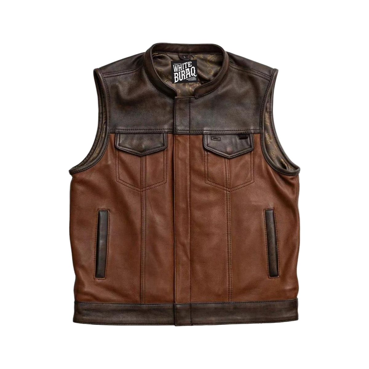Brown leather vest with black accents 