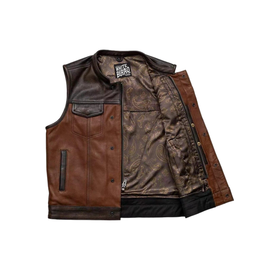 Brown leather vest with paisley pattern lining 