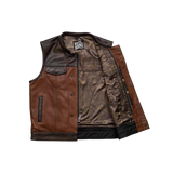 Brown leather vest with paisley pattern lining 
