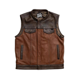Brown leather vest with black accents 