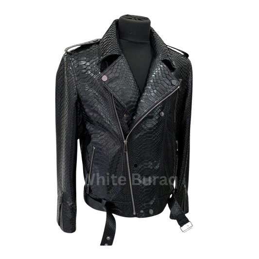 Black Python Leather Biker Jacket