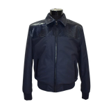 Black jacket with snake skin pattern on shoulders on a mannequin 