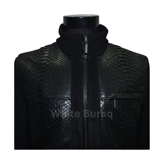 Black leather jacket with snake skin pattern on a mannequin 