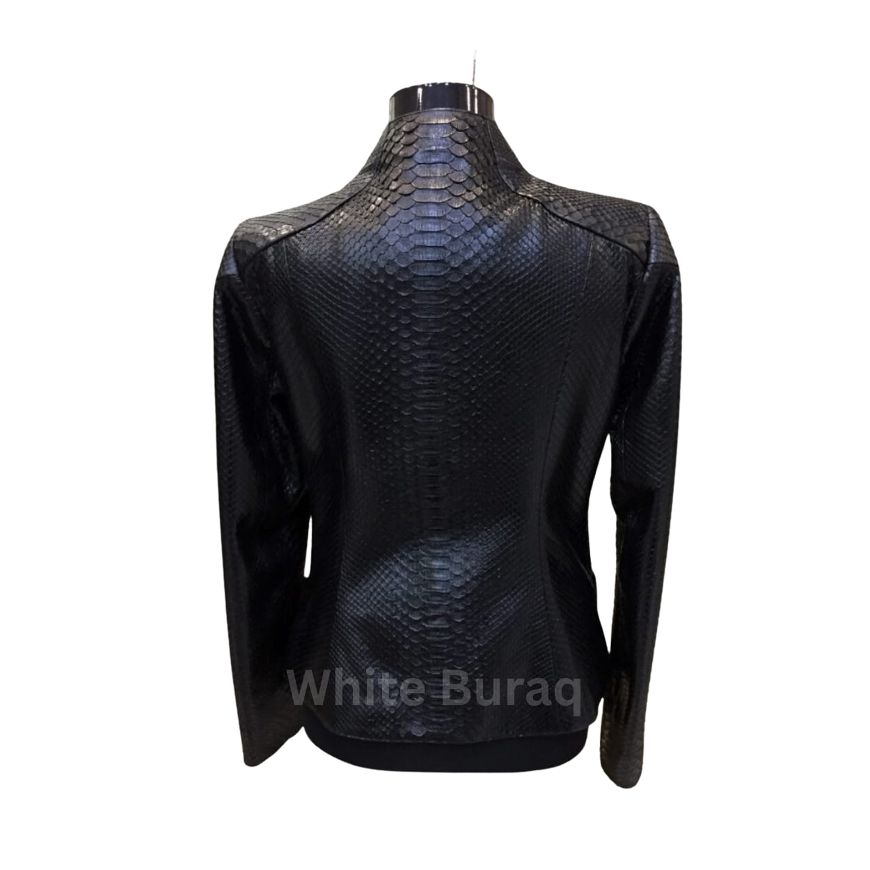 Black textured jacket on a mannequin with 'White Buraq' branding.