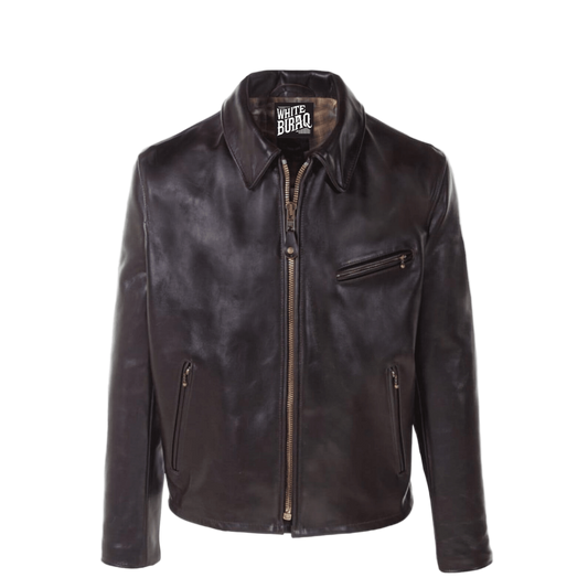 Black leather jacket with visible brand logo 