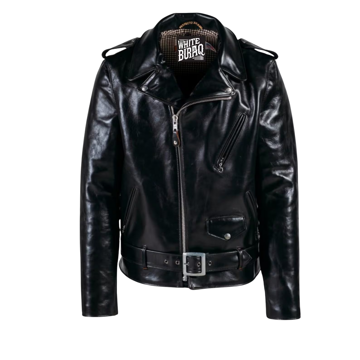 Black leather jacket with a visible brand logo 