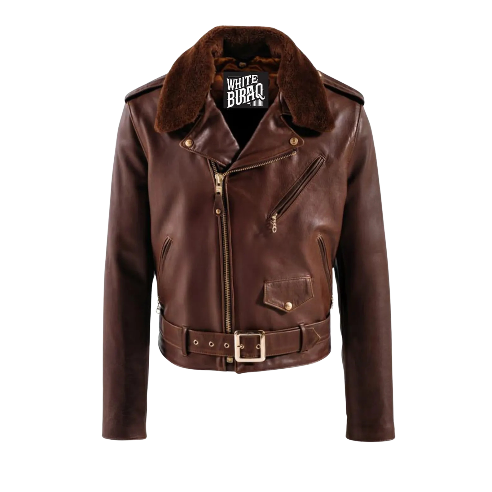 Brown leather jacket with fur collar 