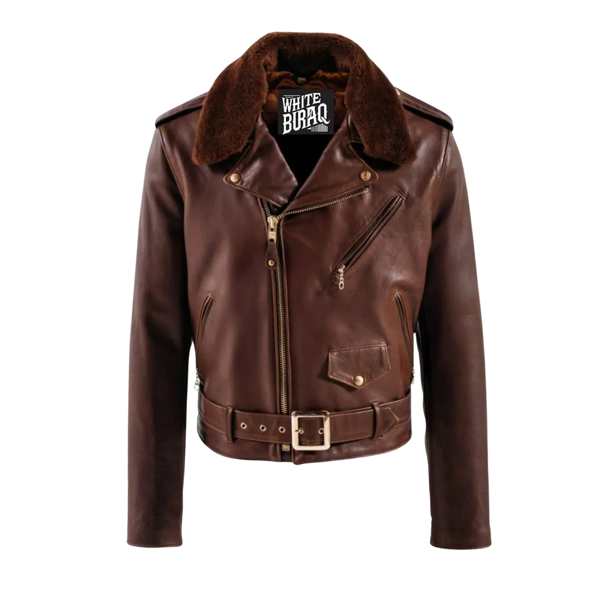 Brown leather jacket with fur collar 