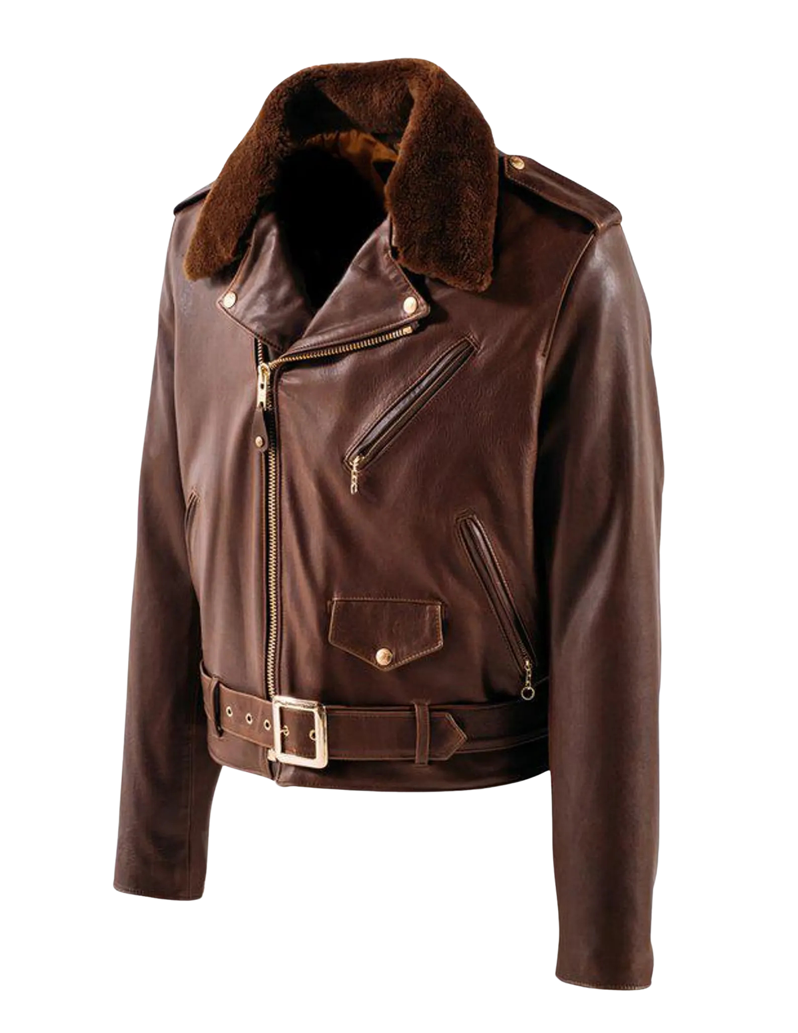 Brown leather jacket with fur collar 