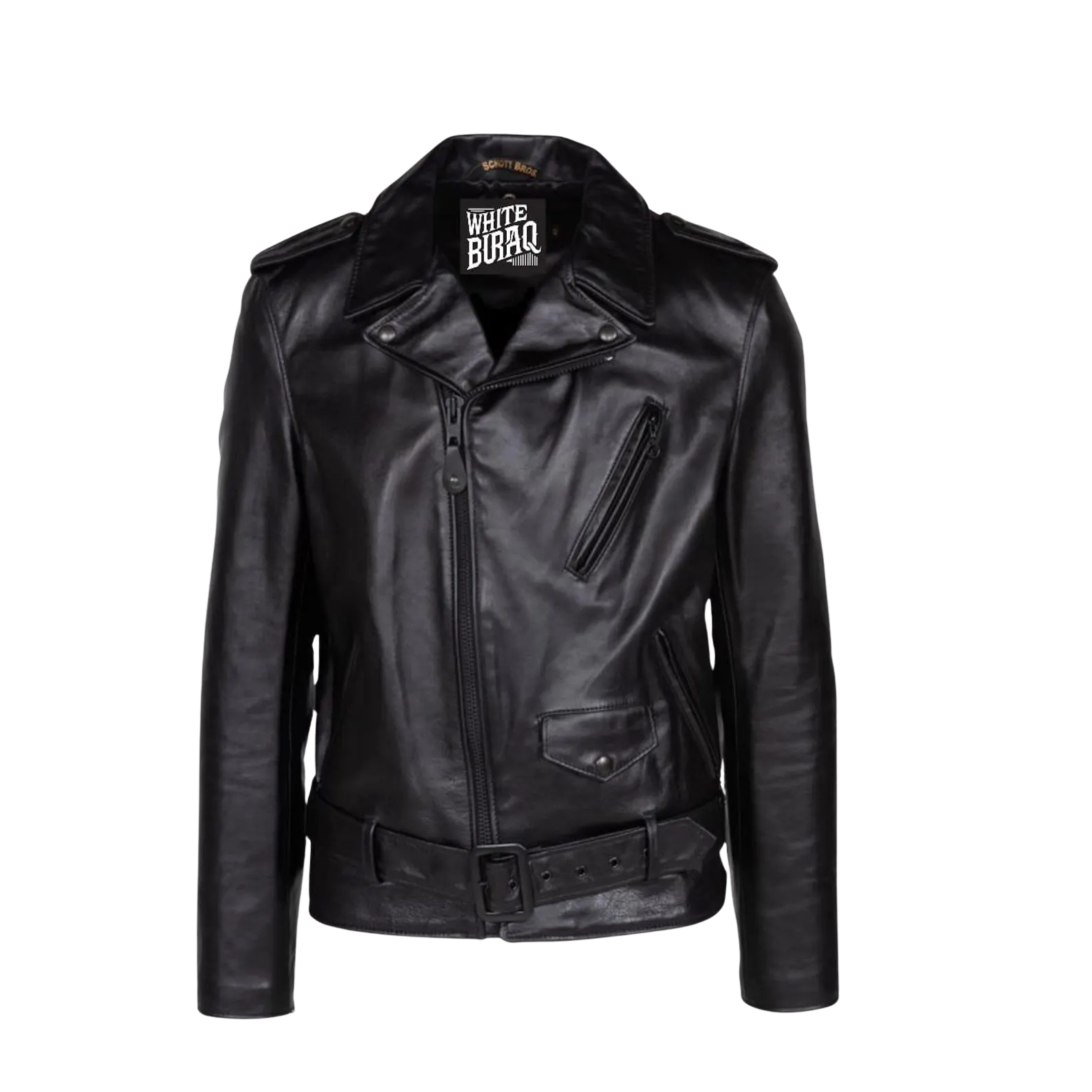 Black leather jacket with a visible brand logo 