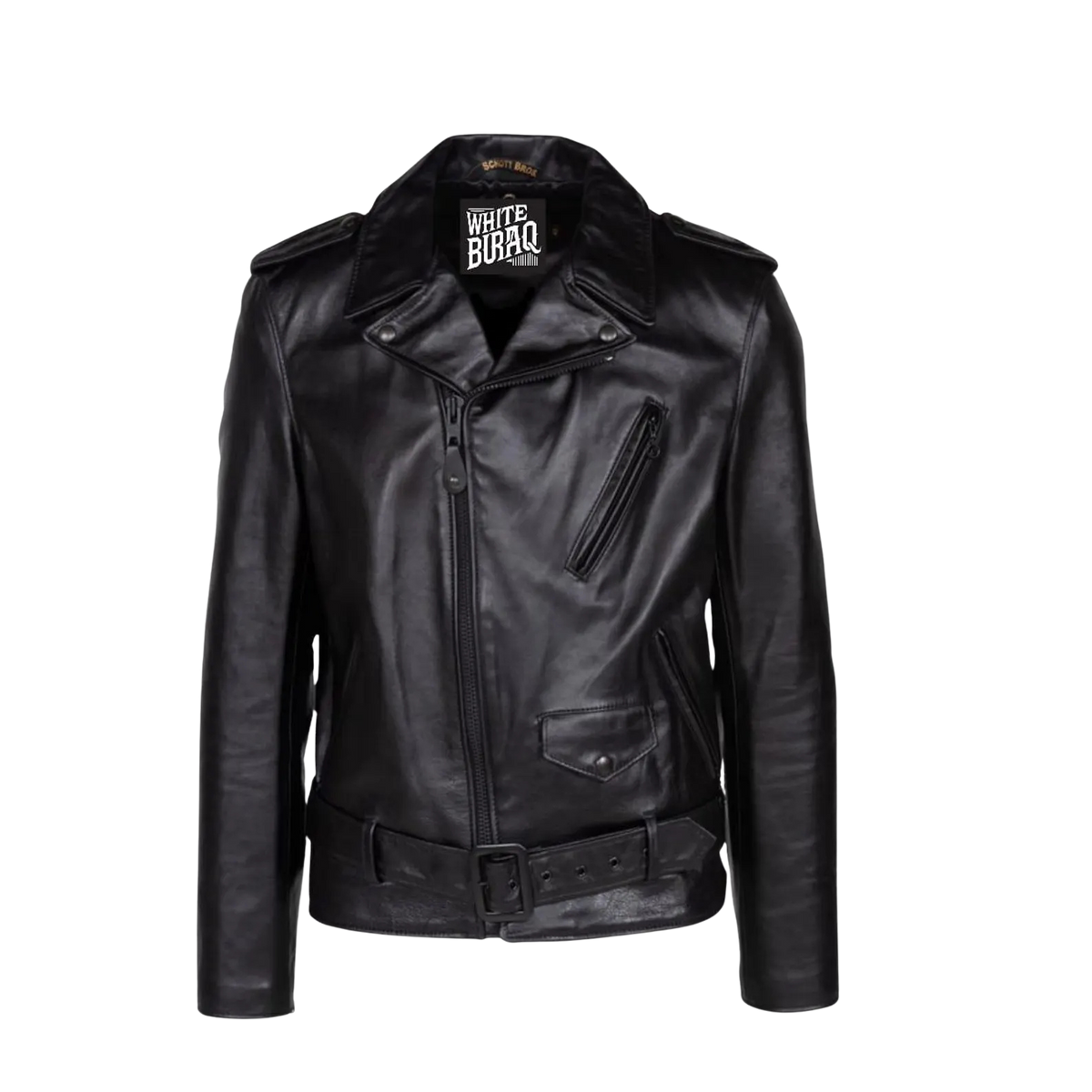 Black leather jacket with a visible brand logo 