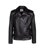 Black leather jacket with a visible brand logo 