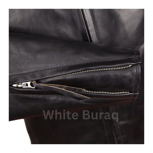 Close-up of a black leather jacket 