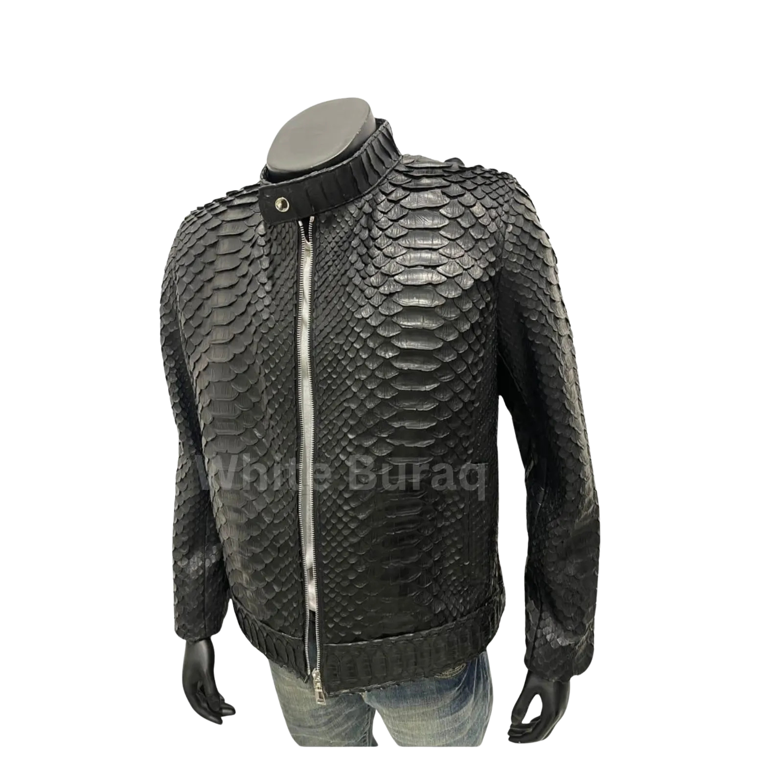 Black leather jacket with snake skin pattern on a mannequin 