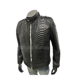 Black leather jacket with snake skin pattern on a mannequin 