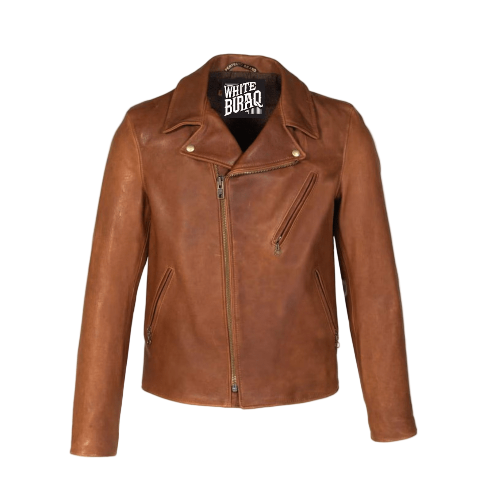 Brown leather jacket with a visible brand label 