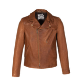 Brown leather jacket with a visible brand label 