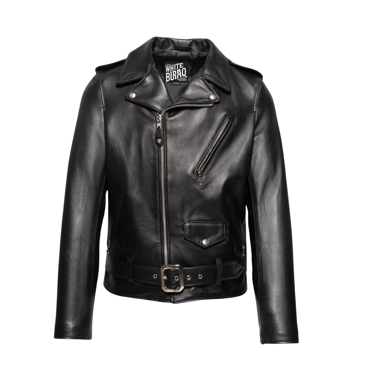 Black leather jacket with visible branding 
