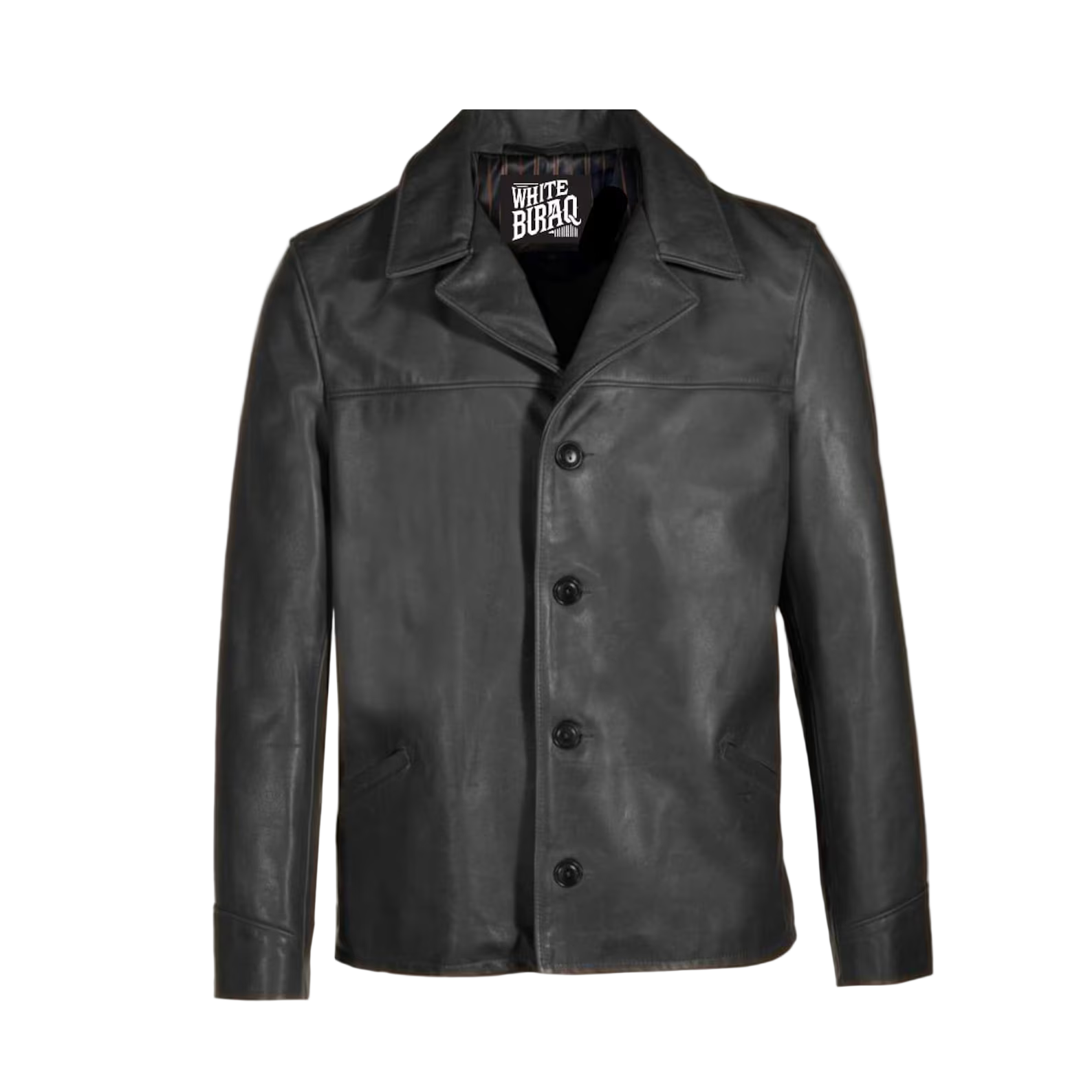 Black leather Coat with a brand label 