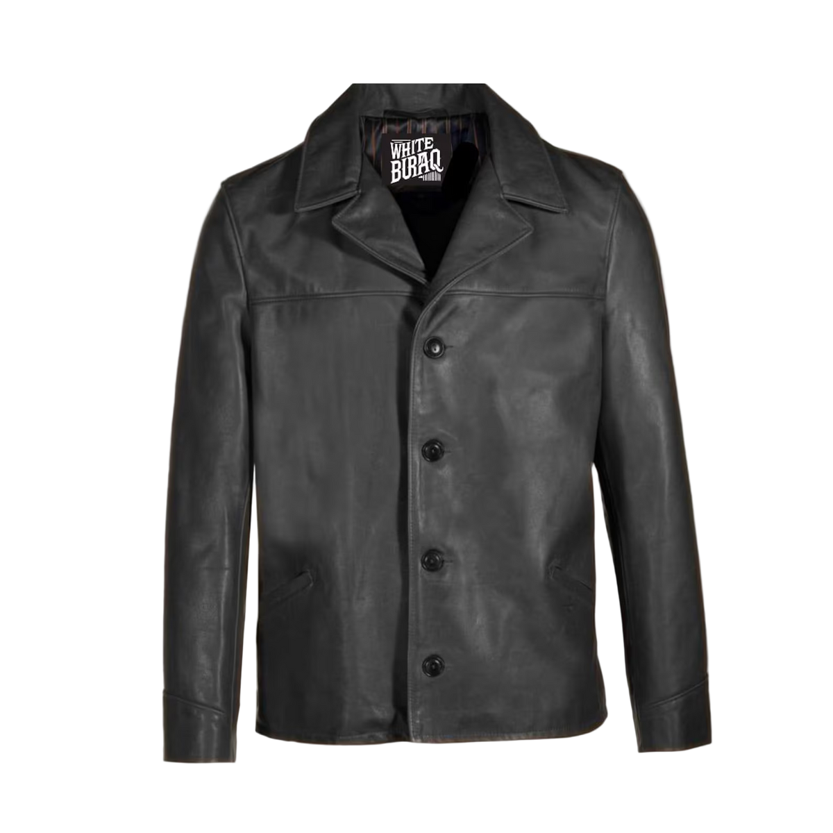 Black leather Coat with a brand label 