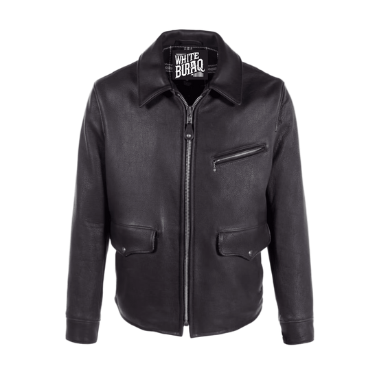 Black leather jacket with a visible brand label 