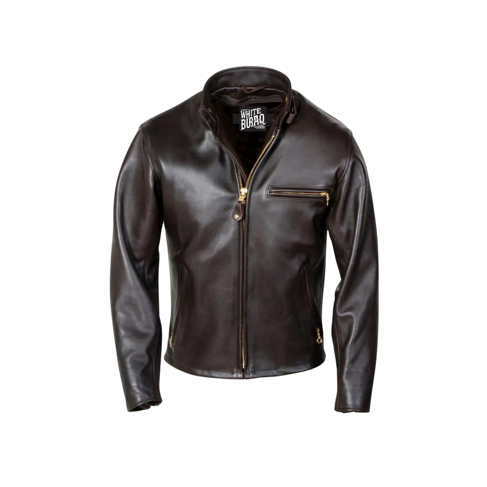 Brown leather jacket with gold zipper on a white background