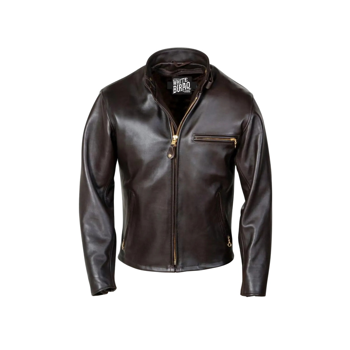 Brown leather jacket with gold zipper on a white background