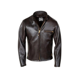 Brown leather jacket with gold zipper on a white background