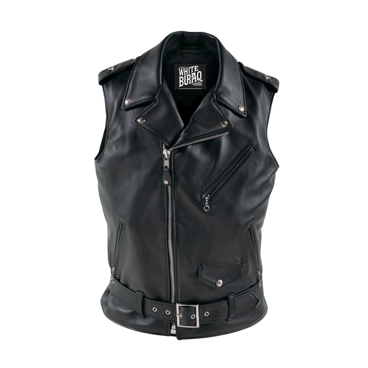 Black leather vest with visible branding 