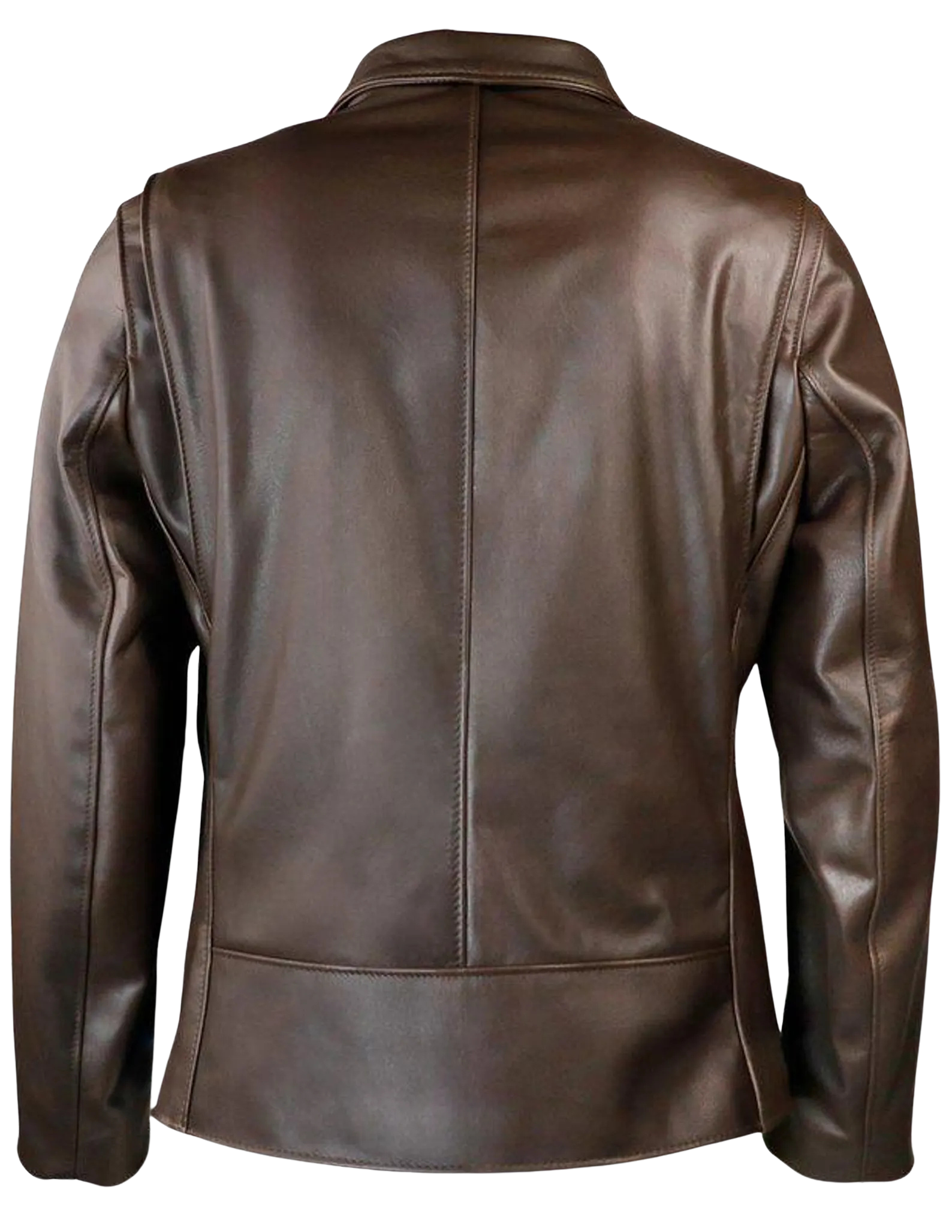 Close-up of a black leather jacket with a silver buckle and zipper.