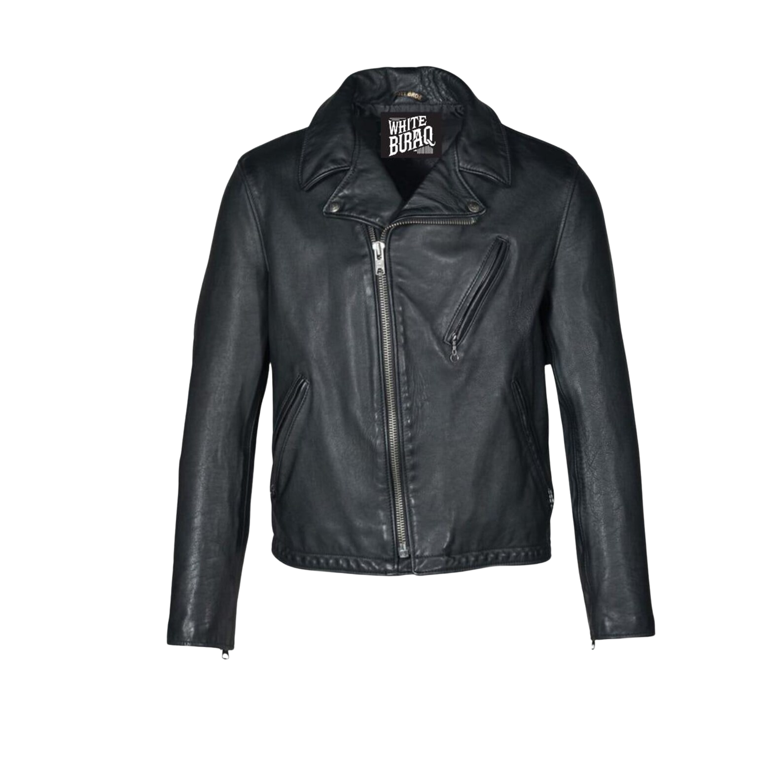 Black leather jacket with a brand logo on a white background
