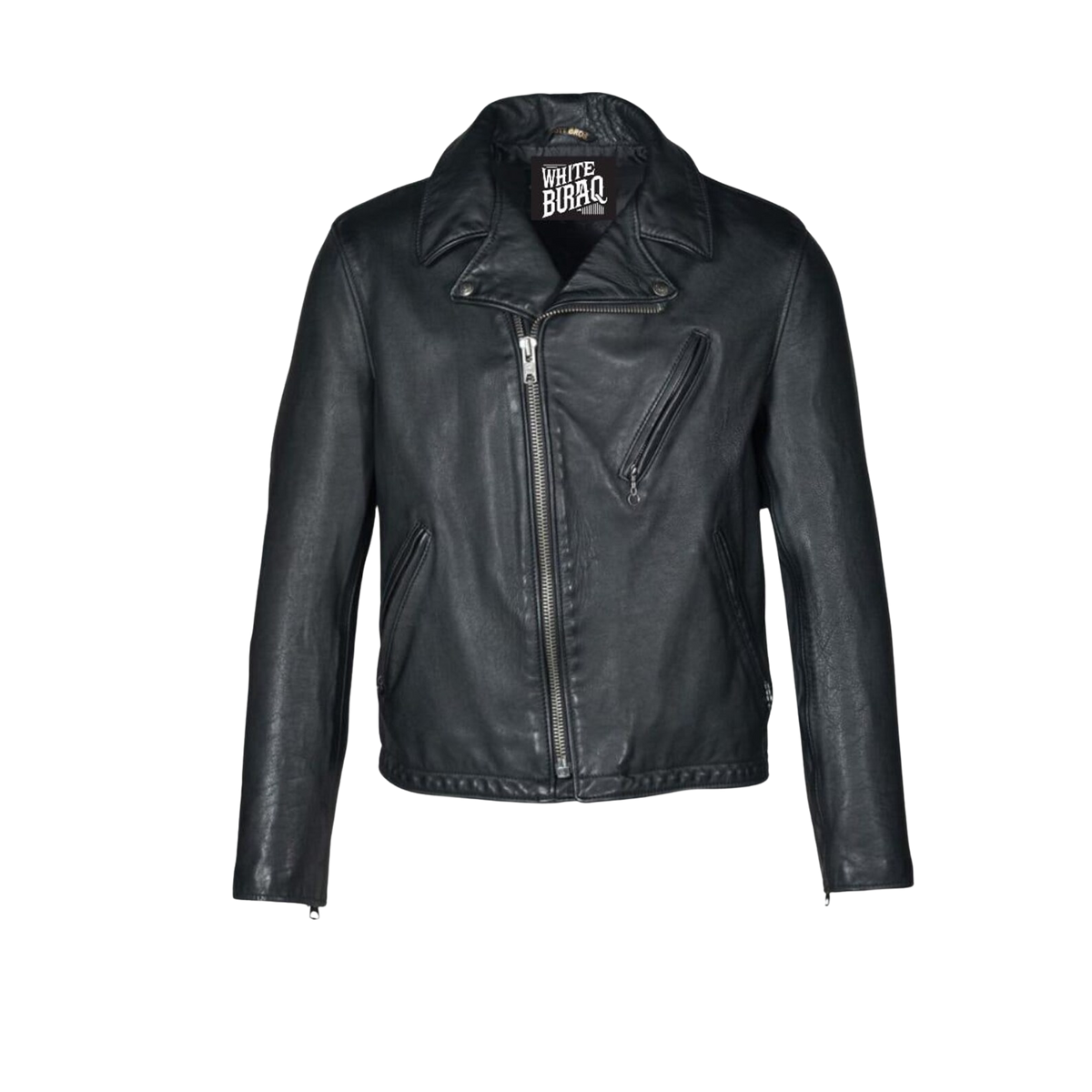 Black leather jacket with a brand logo on a white background