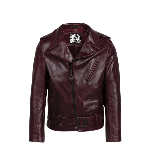 Maroon leather jacket with a visible brand label on a white background