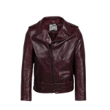 Maroon leather jacket with a visible brand label on a white background