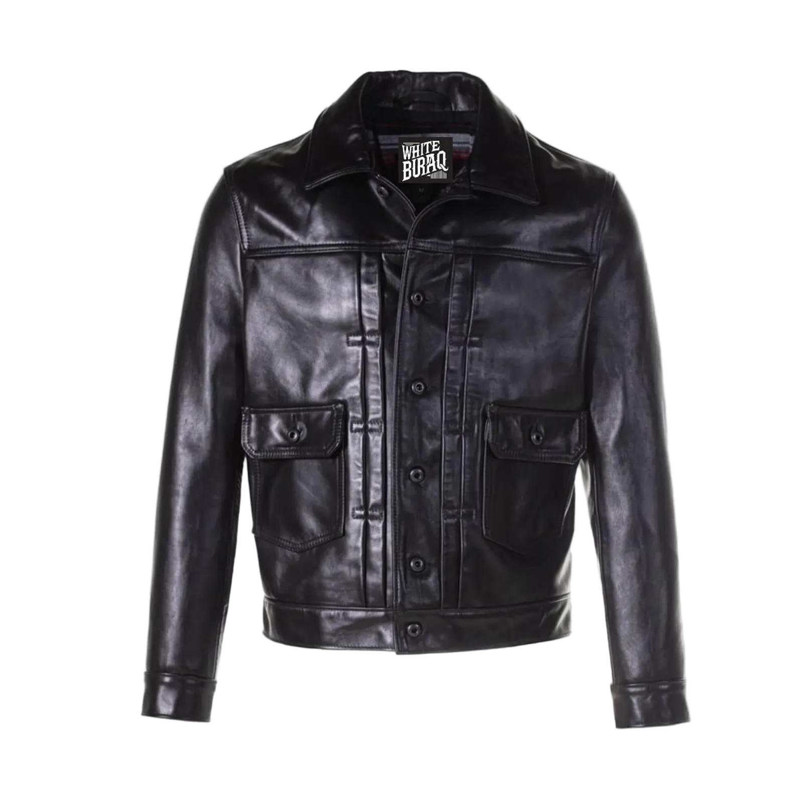 Black leather jacket with a brand label on a white background