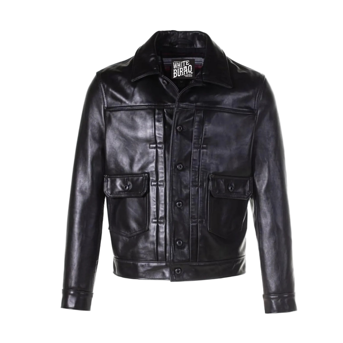 Black leather jacket with a brand label on a white background