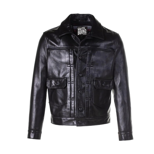 Black leather jacket with a brand label on a white background
