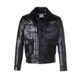 Black leather jacket with a brand label on a white background