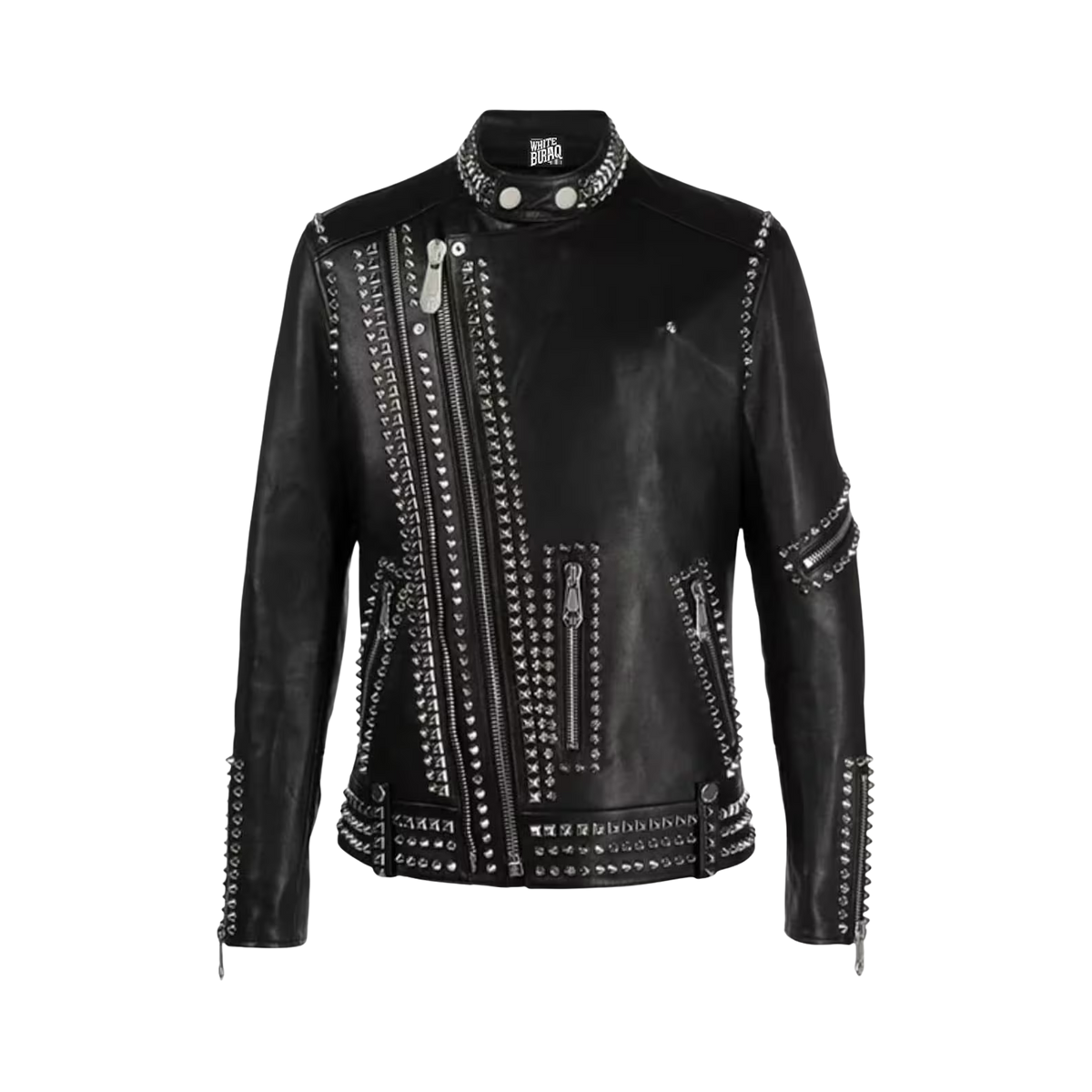 Black leather jacket with studs and a brand logo 