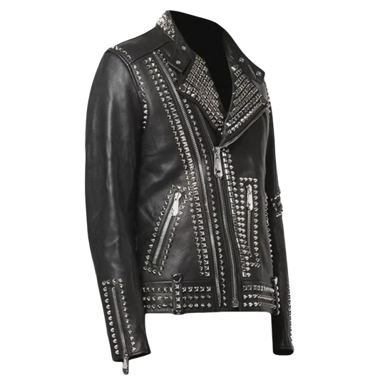 Black leather jacket with studs and zippers 