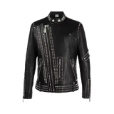 Black leather jacket with studs and a brand logo 
