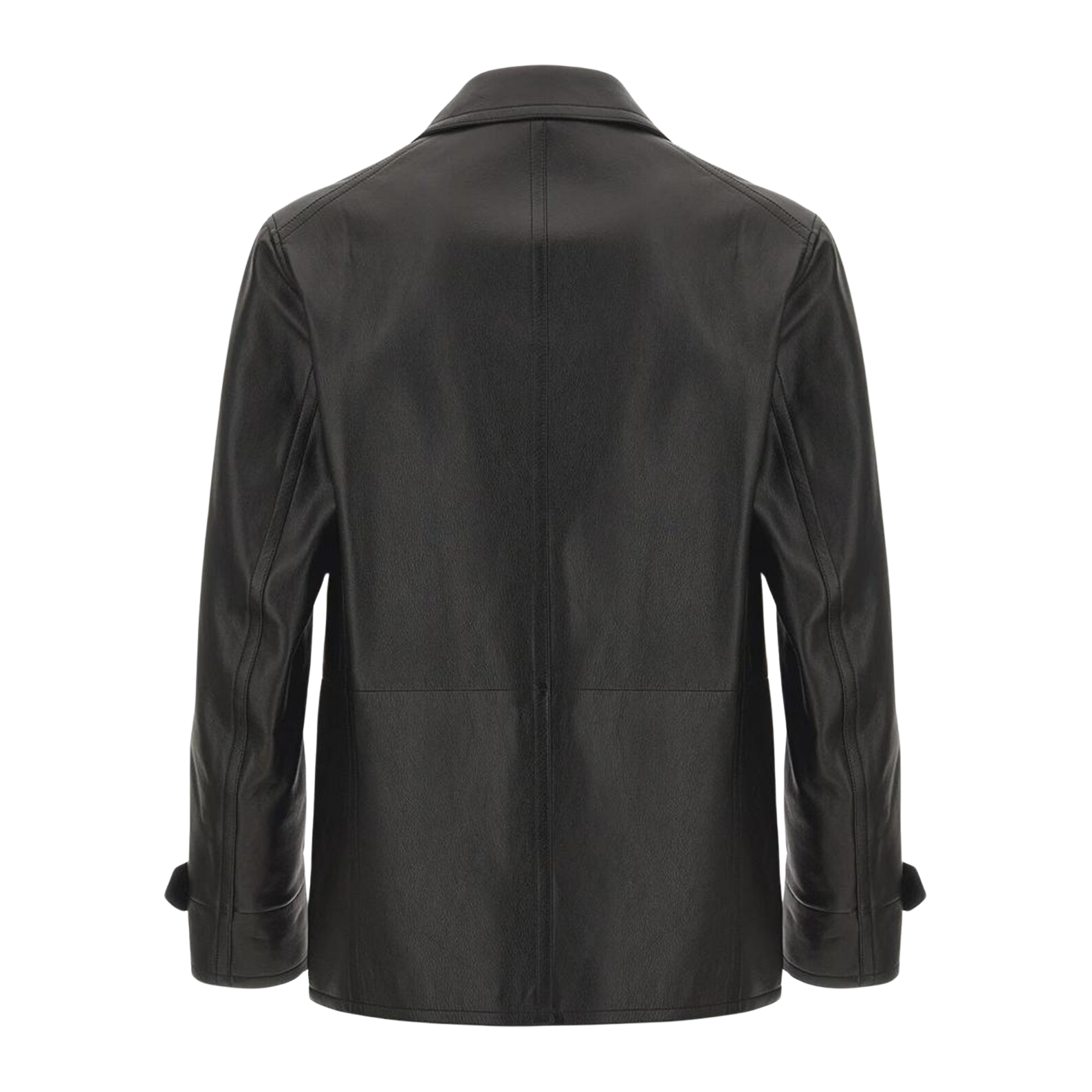 Black leather jacket shown from the back 