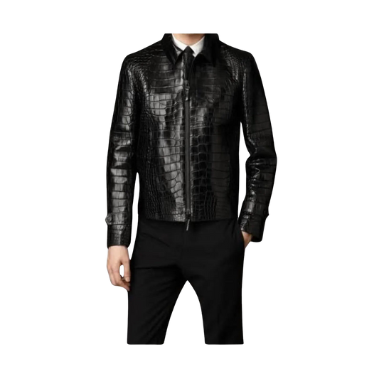 Black crocodile-patterned leather jacket worn by a person 