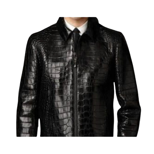 Black crocodile-patterned leather jacket 